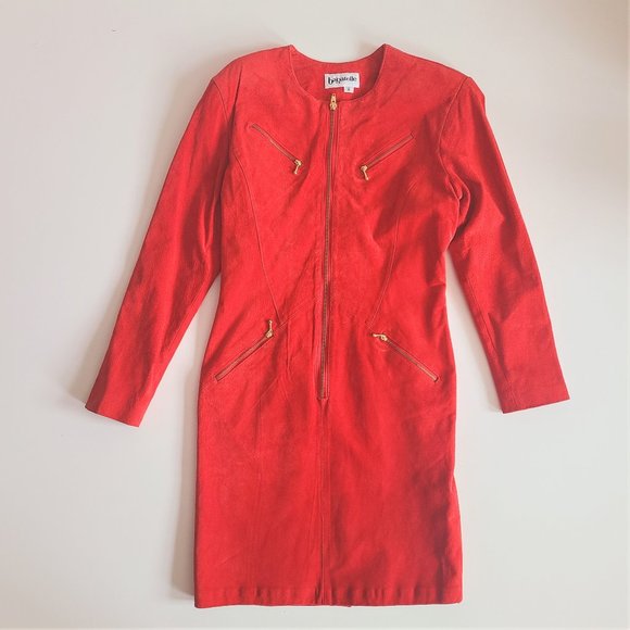 Vintage Bagatelle suede red dress with gold zippers. - Picture 4 of 15